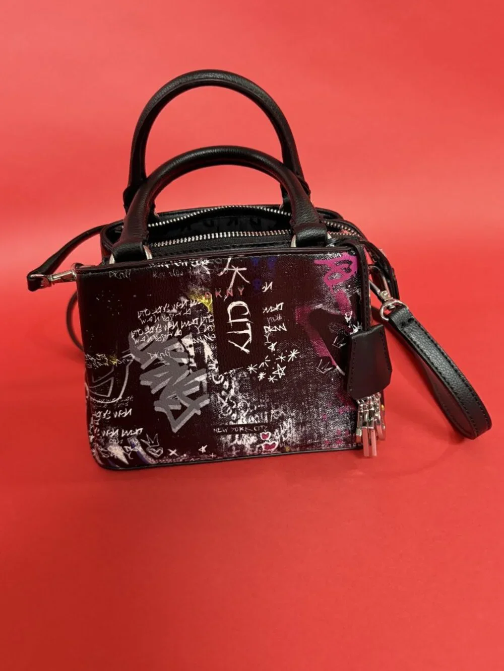 DKNY Graffiti Print Mini Satchel Crossbody Bag Black NYC Street Art Purse
